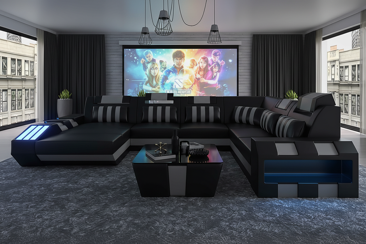 Cosmo Modern Leather Sectional with LED - Home Theater