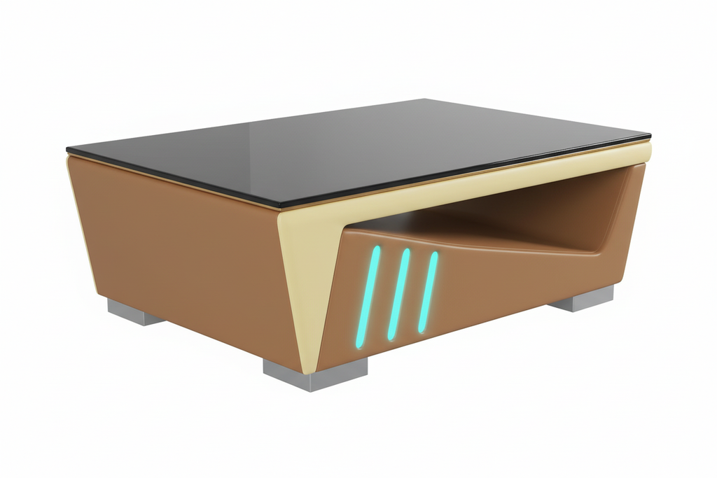 ARENA Coffee Table - Front three-quarter view showing geometric design with LED lighting