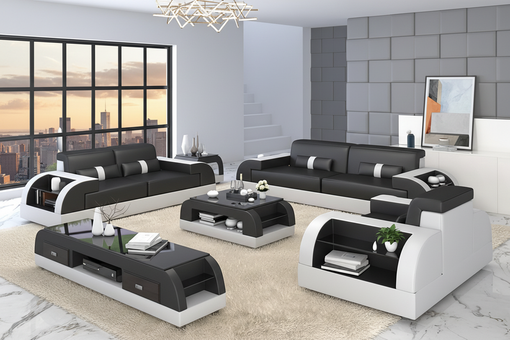 Piliu Leather Sofa Set with Side Storage - Luxury Penthouse