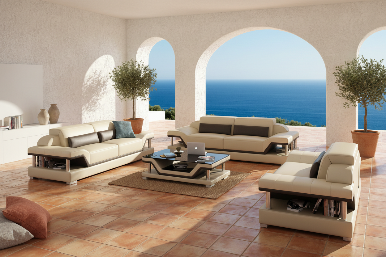 Taliya Leather Sofa Set with Adjustable Headrest - Mediterranean Villa