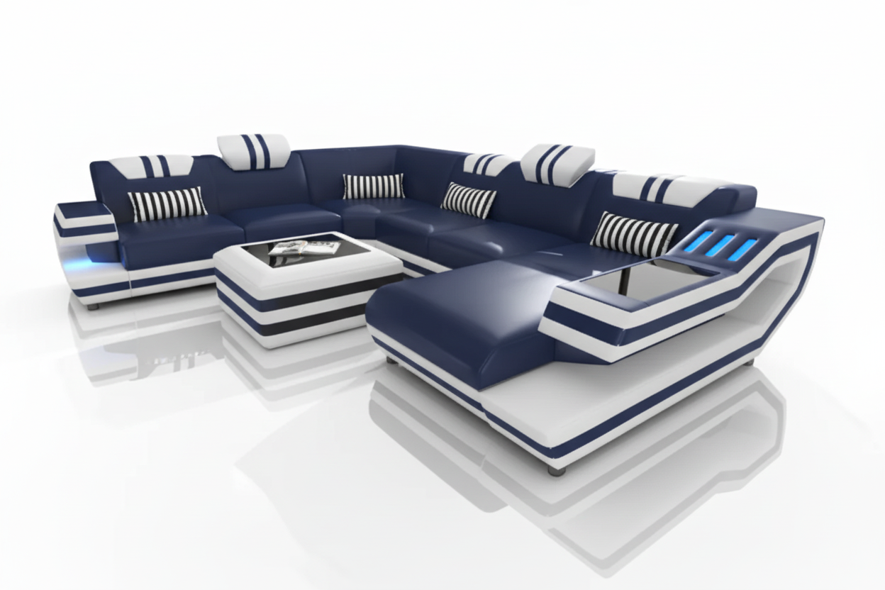 U-Shaped Sectional Navy Blue White