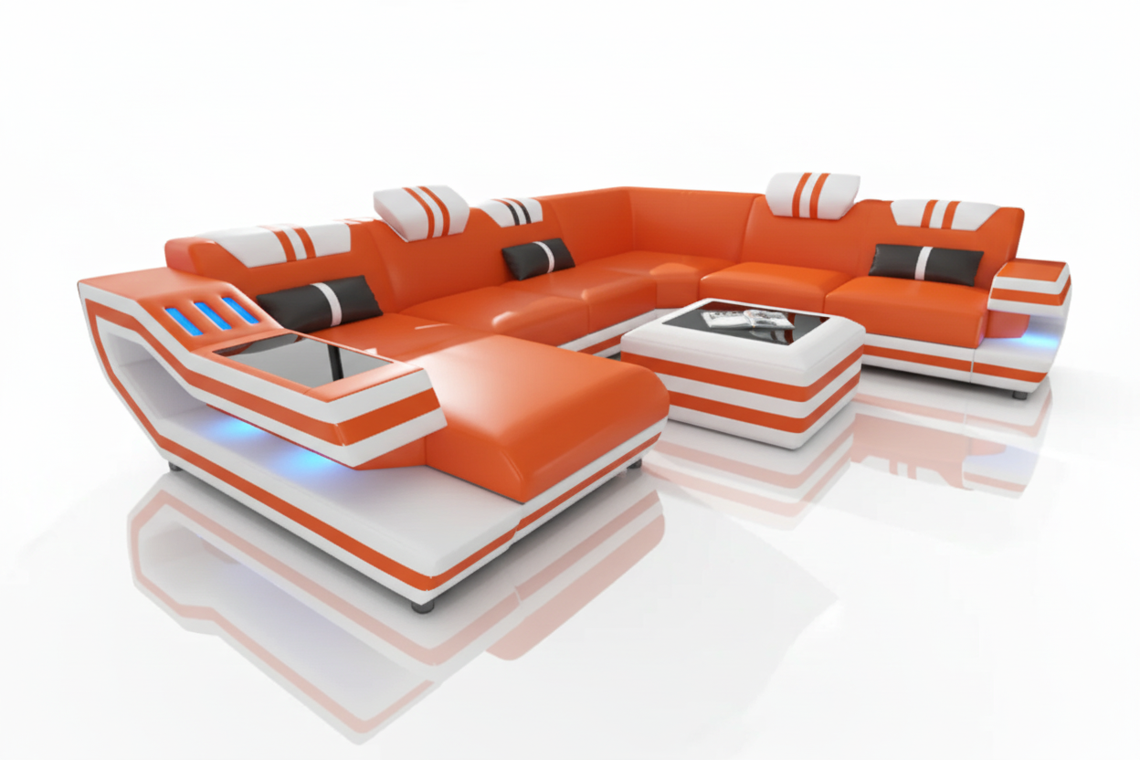 Aura U-Shape Leather Sectional Sofa with LED Light | Modern Designer Couch
