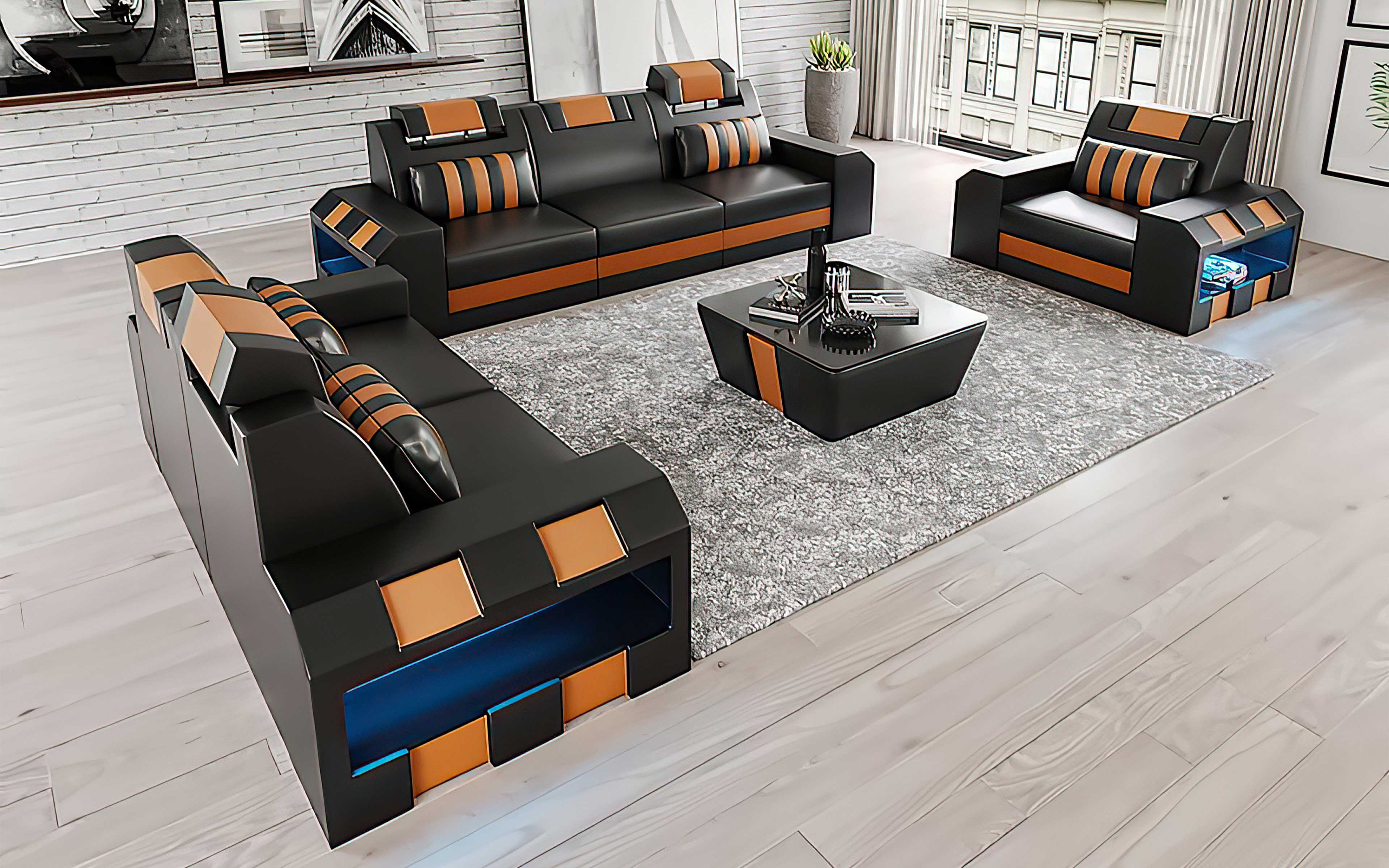 Cosmo LED Leather Sofa Set - Modern 3-Piece Living Room Set with Mood Lighting